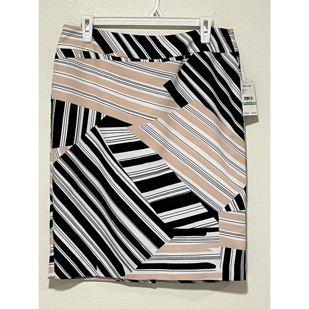 Nine West NWT Pencil Skirt Size 8 Black Pink White Print Knee Length Geo Retro